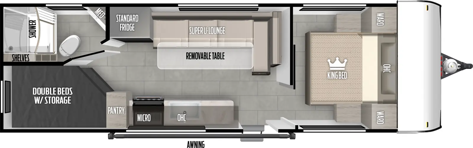 The 266BHLE has zero slideouts and one entry. Exterior features an awning. Interior layout front to back: foot-facing king bed with overhead cabinet and wardrobes on each side; off-door side super u-lounge with removable table, and refrigerator; door side entry, kitchen counter with sink and cooktop, overhead cabinet with microwave, and pantry; off-door side rear full bathroom with shelves and medicine cabinet; rear door side double beds with storage.